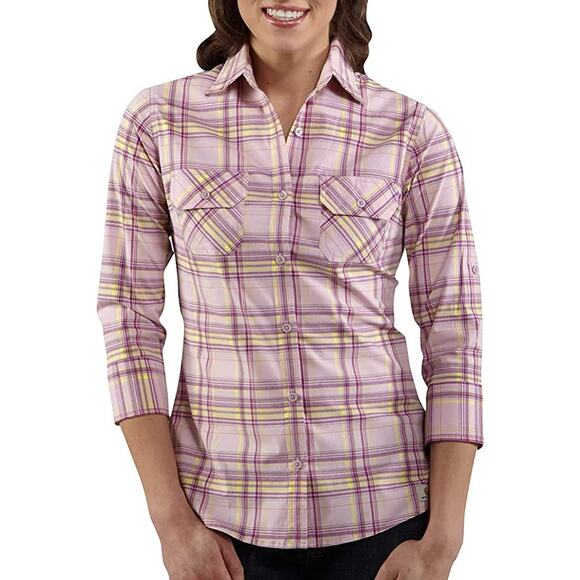Carhartt Women's Roll Up Sleeve Light Orchid Plaid Shirt Poplin - Picture 1 of 10